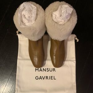 Mansur Gavriel Cosy Boots in camel color with shearling cuff.